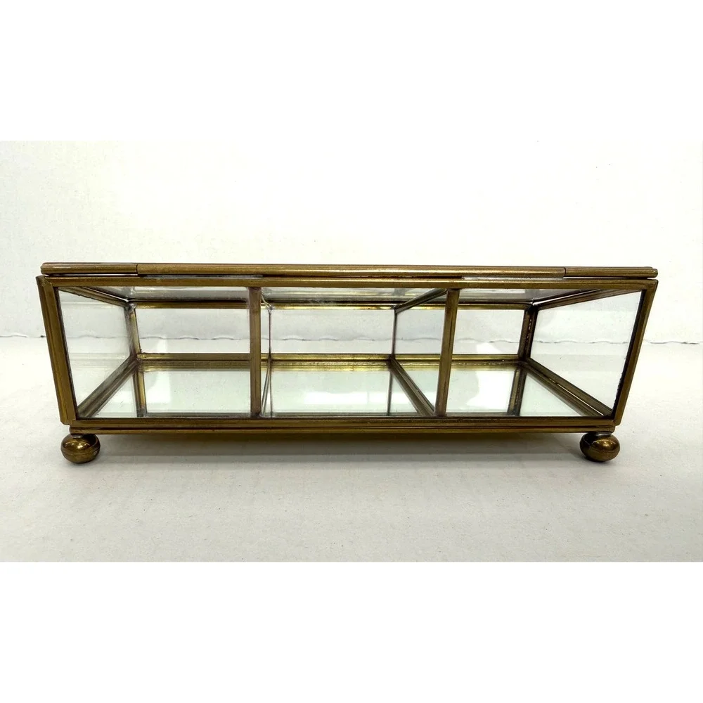 Jewelry Box Etched Glass Brass Mirror Small Gold Vintage 3-Section